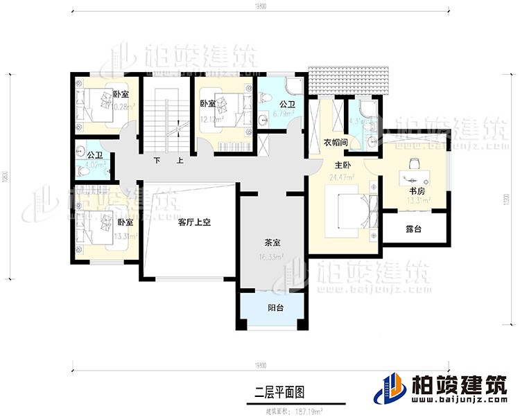 二层：4卧室，阳台，露台 ，衣帽间，书房，内卫，公卫 ，茶室